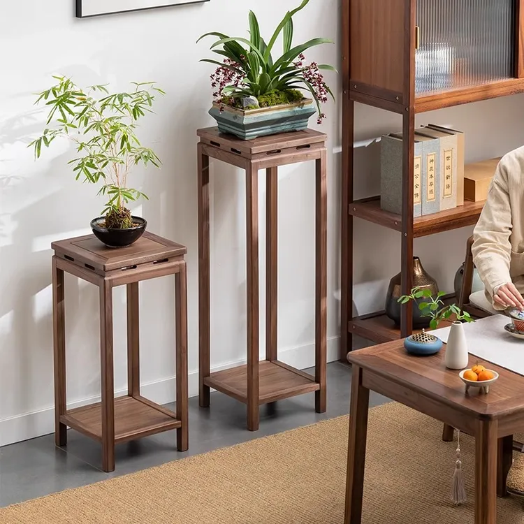 北美黑胡桃花架子客厅落地式实木花架置物架阳台盆景架新中式花台