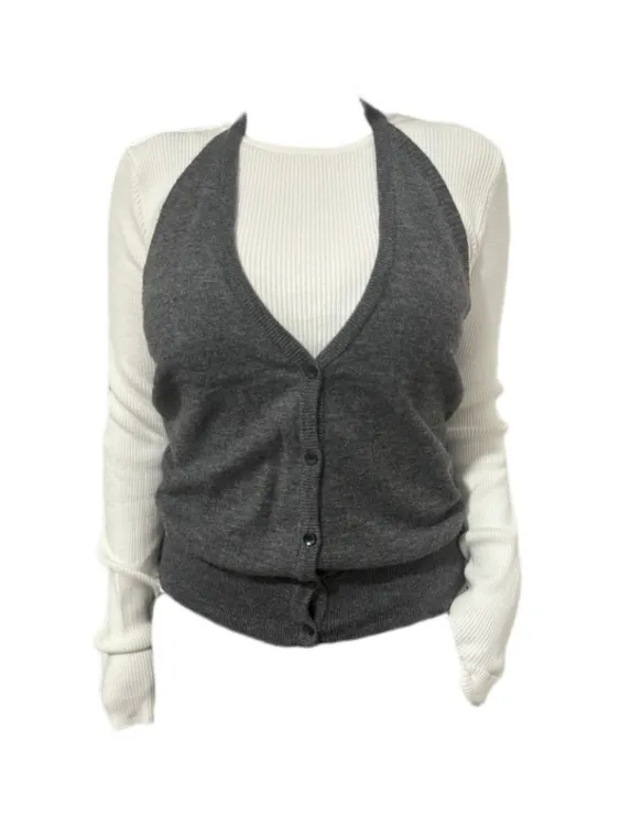 【Amy家】微胖mm慵懒风长袖针织衫叠穿挂脖背心马甲显瘦两件套上衣