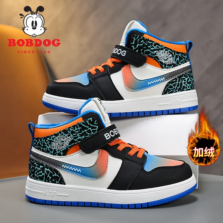 巴布豆童鞋男童棉鞋儿童加绒保暖高帮板鞋冬季新款男孩皮面运动鞋