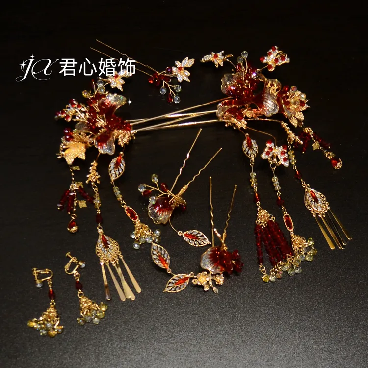 君心家 Z136极简金红锆石水晶发钗小件七件套秀气款新娘饰品