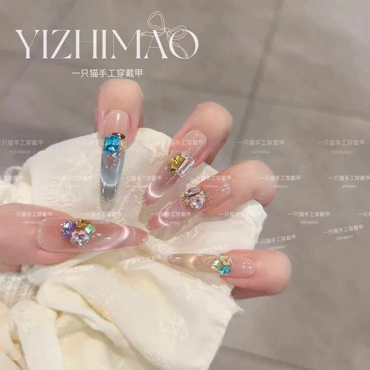 幻彩琉璃夏季新款冰透高级氛围感显白气质手工穿戴甲长款美甲贴片