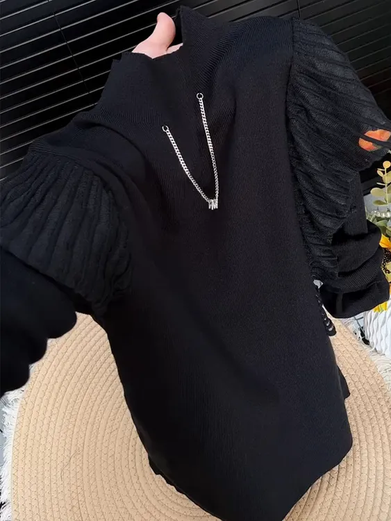 双十一法式秋季新款链条半高领长袖网纱拼接打底针织衫毛衣上衣女