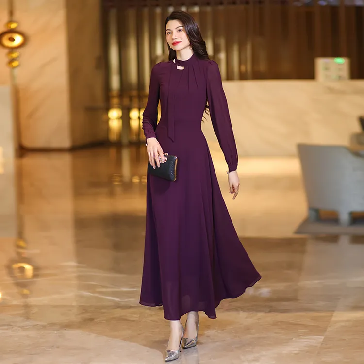 紫色连衣裙女2025夏季新款纯色气质大摆修身显瘦长裙优雅时尚裙子