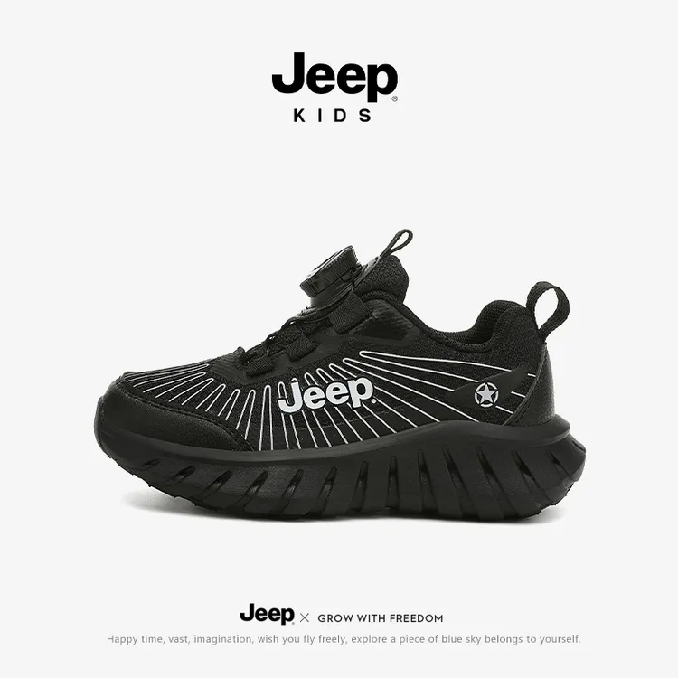 Jeep吉普男童2025户外跑步运动鞋纽扣防滑轻便儿童黑色耐脏跑步鞋