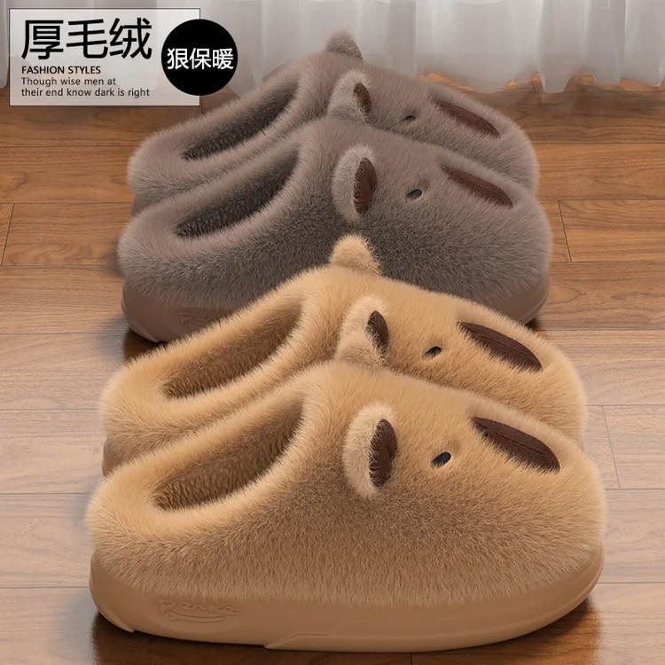 翔普厚底棉拖鞋女可爱卡皮巴拉冬季室内外穿防滑情侣保暖包头拖鞋商品图