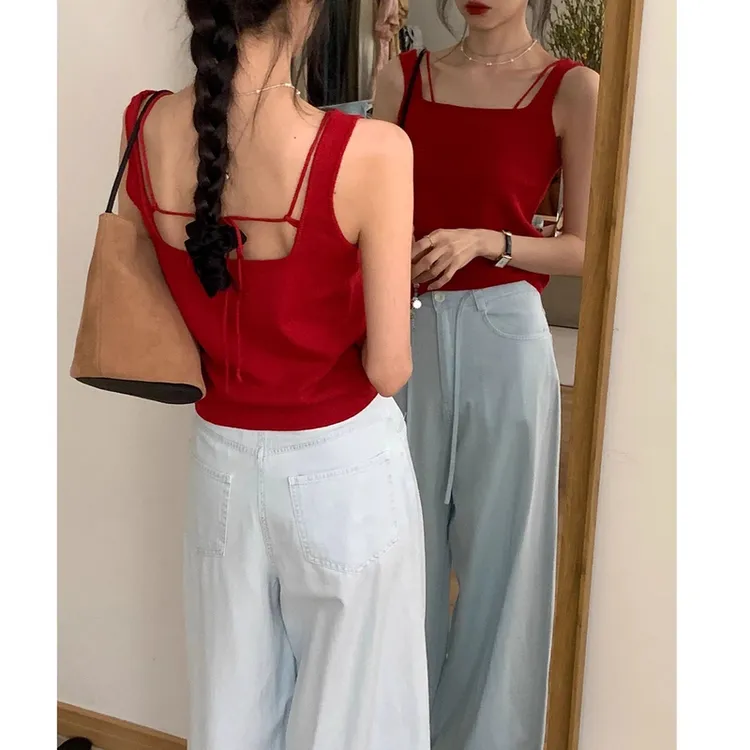 夏季新款独特漂亮小衫薄款红色针织衫女无袖吊带背心辣妹露背上衣
