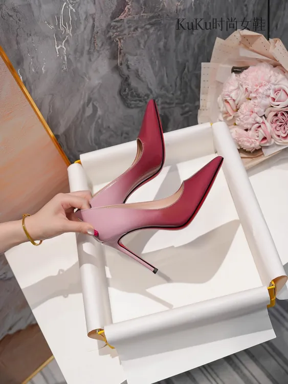【粉红羊漆皮渐变色】性感气质软皮尖头高跟鞋时尚细跟法式浅口女鞋