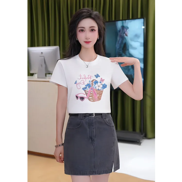 艾格2025夏季圆领百搭重工花篮刺绣气质不掉色短袖设计感新款短袖