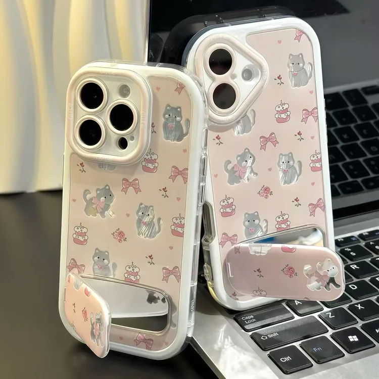 蝴蝶结猫咪镜子支架适用iPhone苹果16手机壳华为70vivo小米15oppo