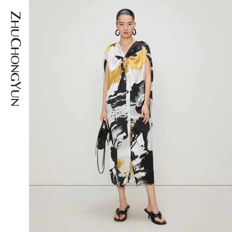 ZHUCHONGYUN夏新款艺术感水墨色块真丝宽松褶饰连衣裙C1CX23616