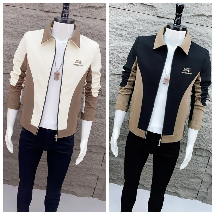 修身拼色翻领帅气夹克男士秋季韩版潮流休闲外套青年春秋百搭上衣