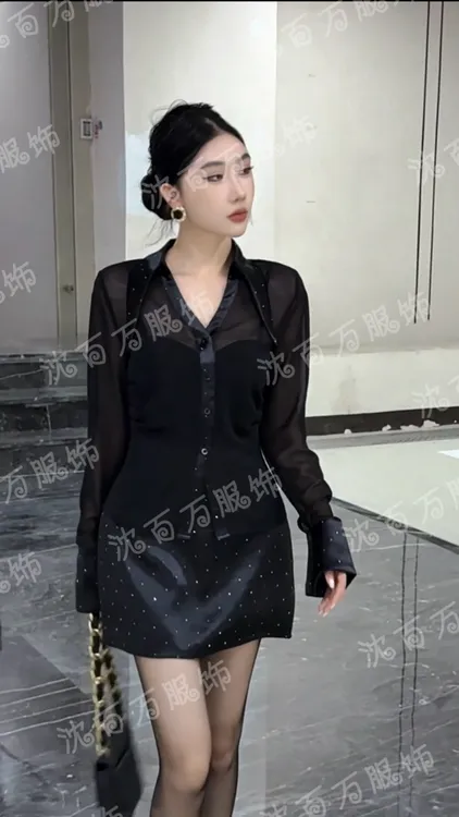 上衣+短裙套装长袖时尚新款百搭黑色设计感显瘦气质收腰修身
