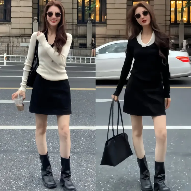 2025秋冬新款法式高级感撞色气质舒适针织衫百搭时尚半身裙套装女