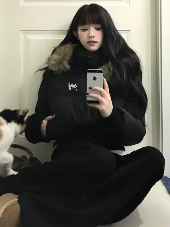 高级感黑色连帽棉服外套女冬季收腰显瘦加厚保暖面包服微喇裤套装