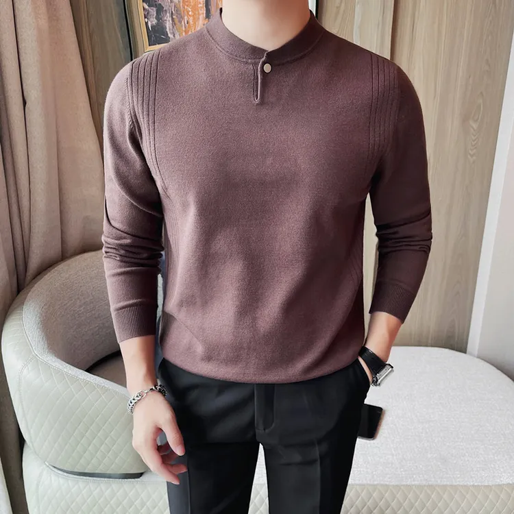 休闲长袖毛衣男士秋季时尚修身纯色亨利领内搭针织打底衫2025新款