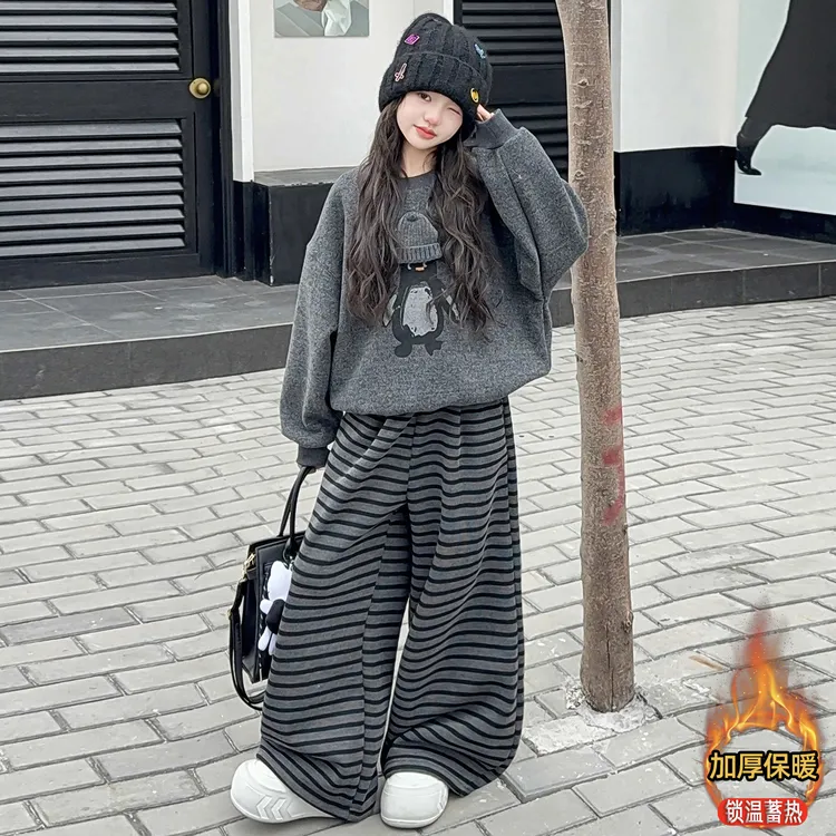 女童加绒套装秋冬款2025新款9-15岁中大童潮款酷飒卫衣加厚休闲裤