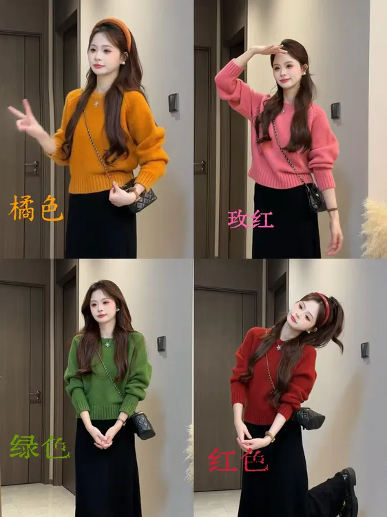 慵懒风圆领简约纯色毛衣女宽松2025秋冬韩版休闲百搭套头针织长袖