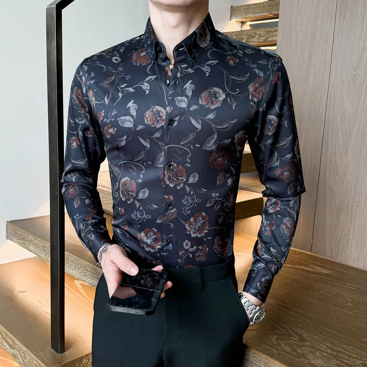 印花长袖衬衫男士韩版设计感帅气修身衬衣新款休闲痞帅潮流寸衫