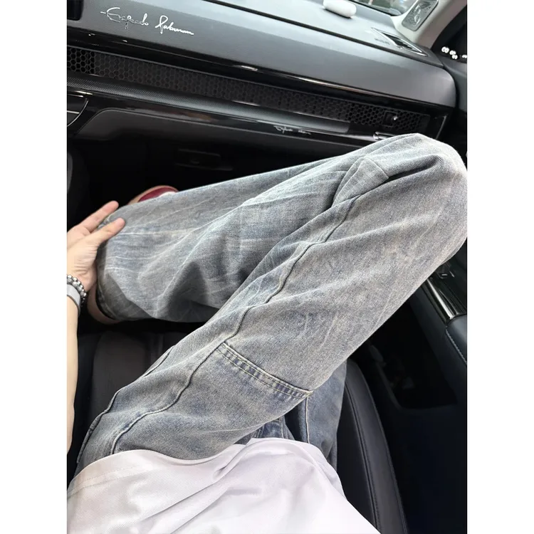 冰蓝色闪电纹牛仔裤潮牌男夏季美式复古水洗裤子高街宽松直筒长裤