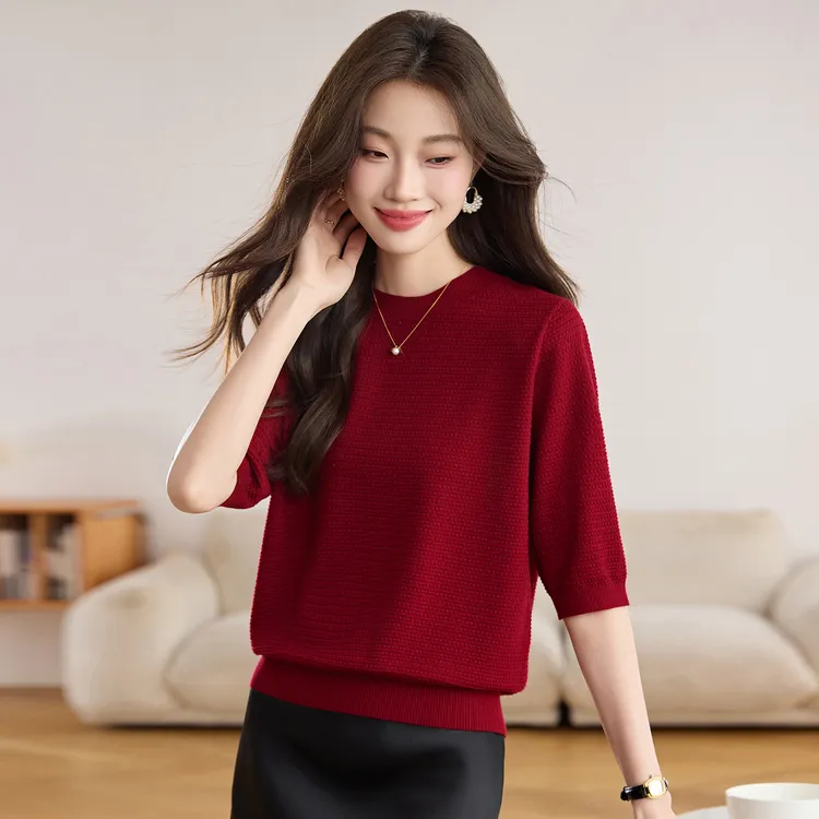 品牌高端女装超细精纺羊毛衫女秋季大码洋气宽松薄款中袖针织上衣
