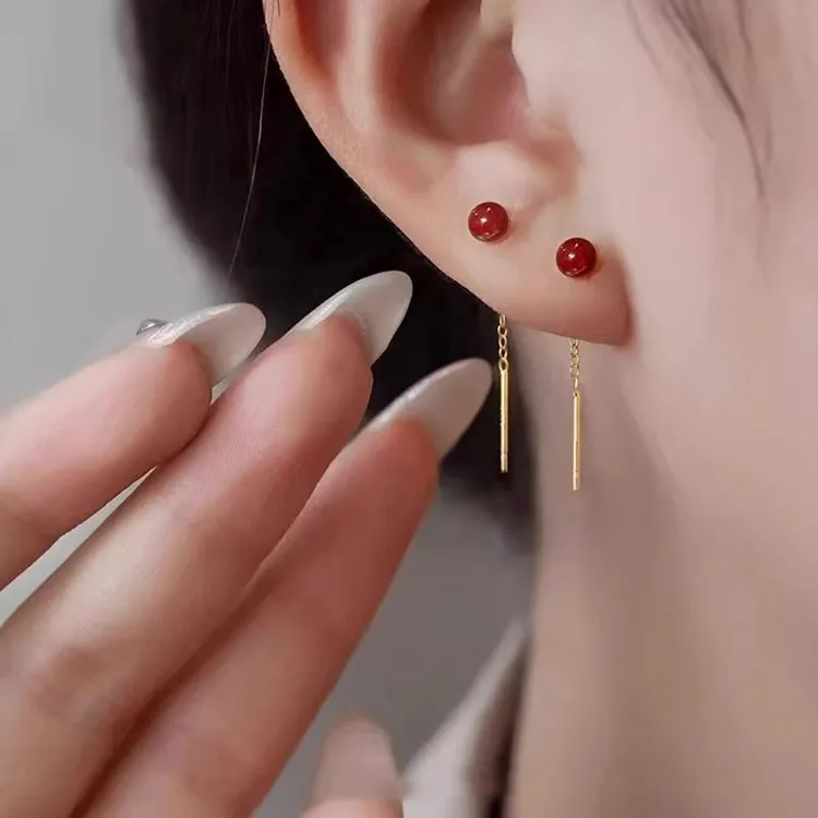 铜合金耳饰 红色珠珠s 耳环流苏耳线轻奢气质百搭秋冬耳饰