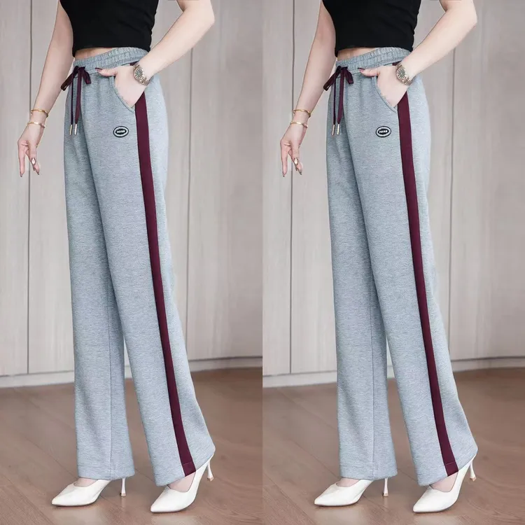 春季新款 时尚高腰抽绳运动休闲裤女百搭宽松显瘦直筒阔腿裤长裤商品图