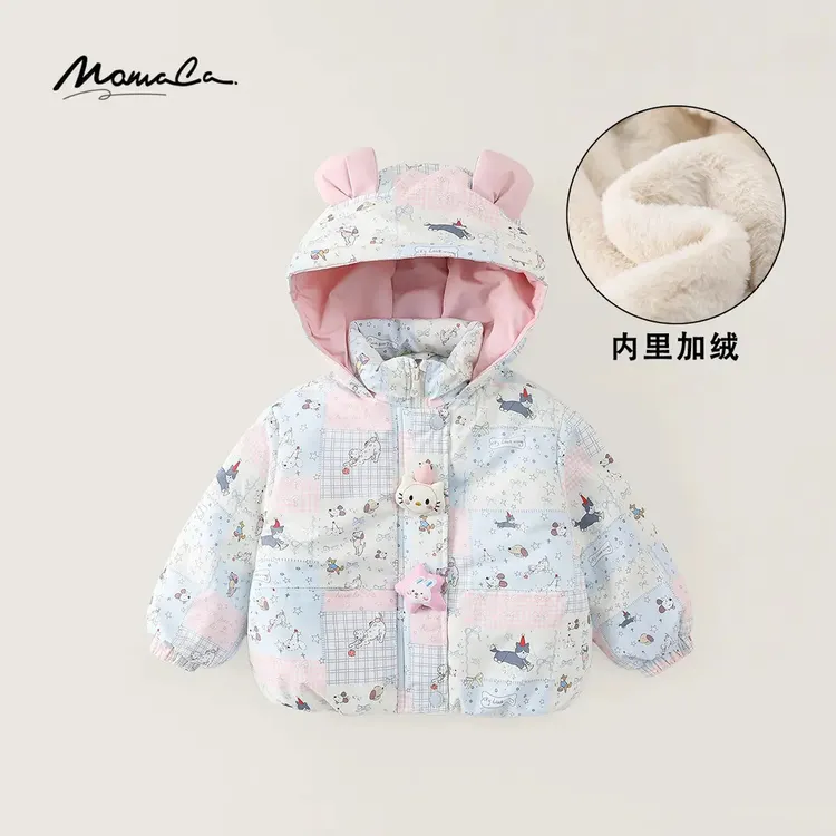 MOMOCO冬季甜美连帽女童满印小猫咪可爱棉服外套77830101037