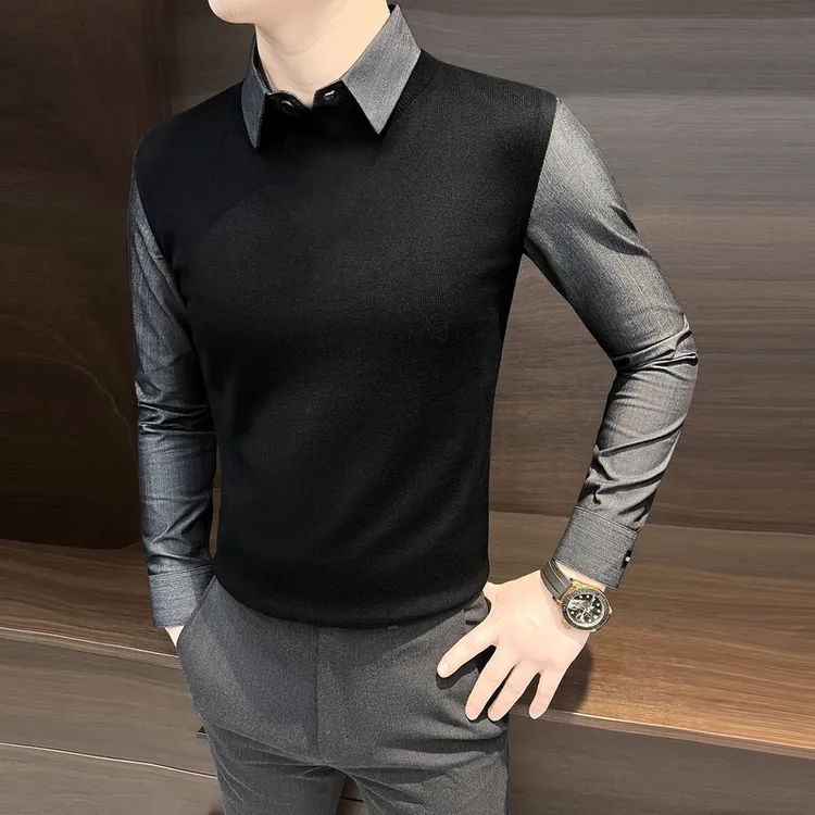 假两件毛衣衬衫男款长袖高级感商务潮流男装春秋季针织衫马甲背心