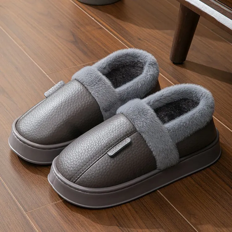 冬季特大码棉拖鞋男全包跟48PU皮防水厚底家居室内防滑保暖鞋4750