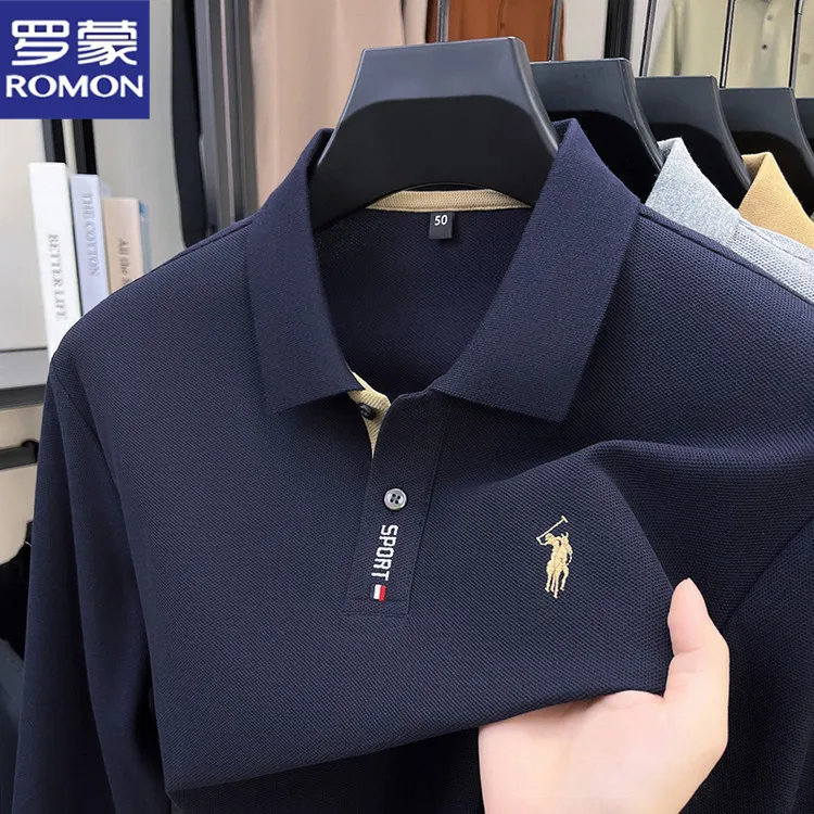 罗蒙新款男士长袖Polo衫春秋季时尚爸爸装翻领打底休闲纯棉T恤衫