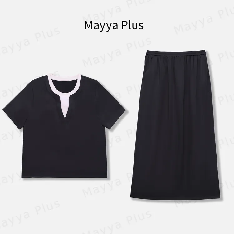 【氨时令】Mayya Plus麦芽定制假两件短袖高腰半身裙套装32528732AB