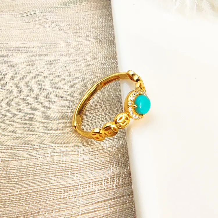 【品众绿松石】精品绿松镶嵌925银镀黄招财进宝小戒指活口戒指