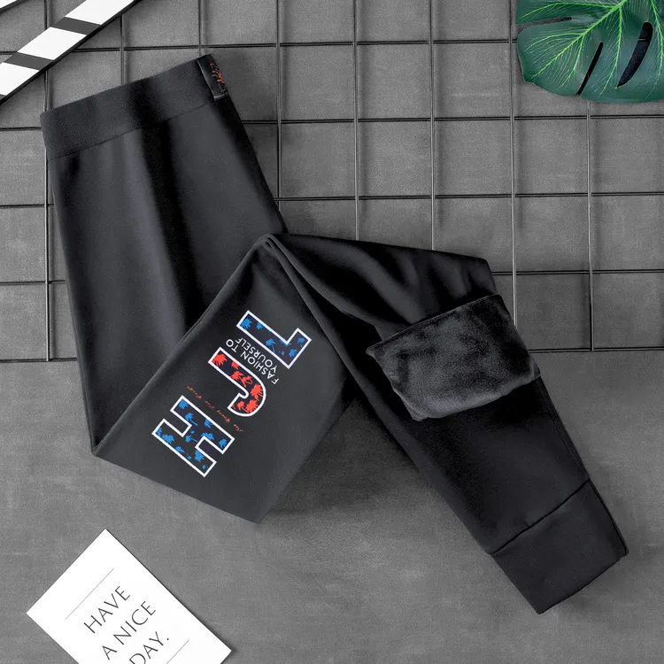 潮流印花男士加厚保暖裤加绒紧身秋裤男款运动打底裤时尚百搭棉裤