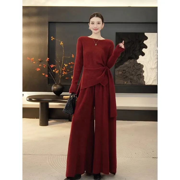 【京京】2025冬季新款轻熟通勤款圆领扭结收腰毛衣套装HBZXW918628