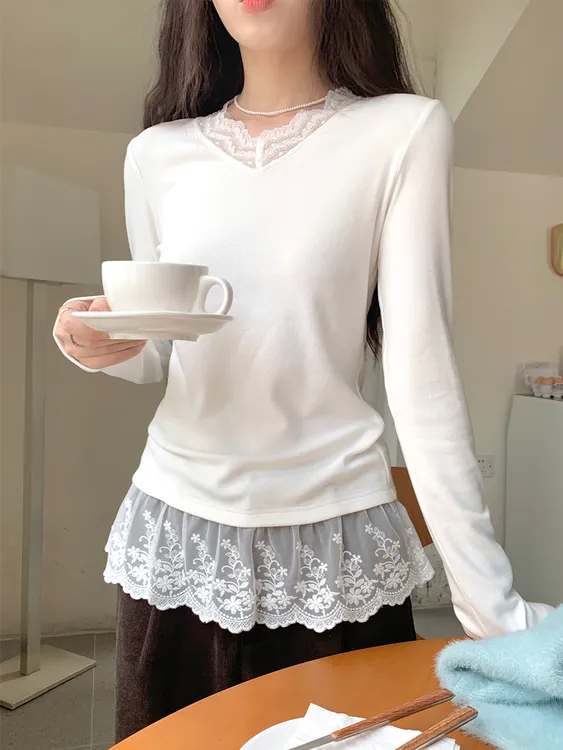 CyberSweet/蕾丝打底衫2025新款内搭高级感秋冬长袖气质上衣女