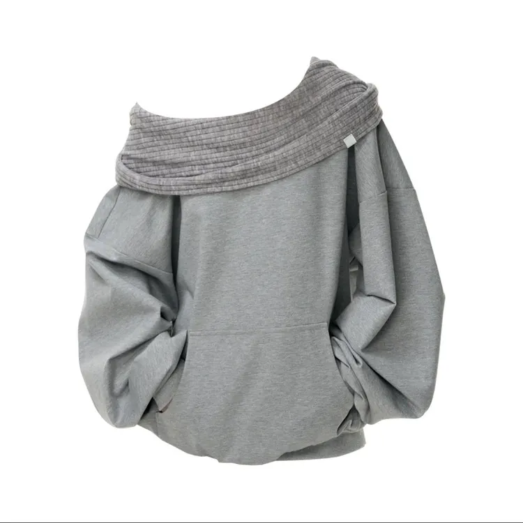 一字肩灰色长袖连帽卫衣外套女秋冬设计感小众露肩套头慵懒风上衣