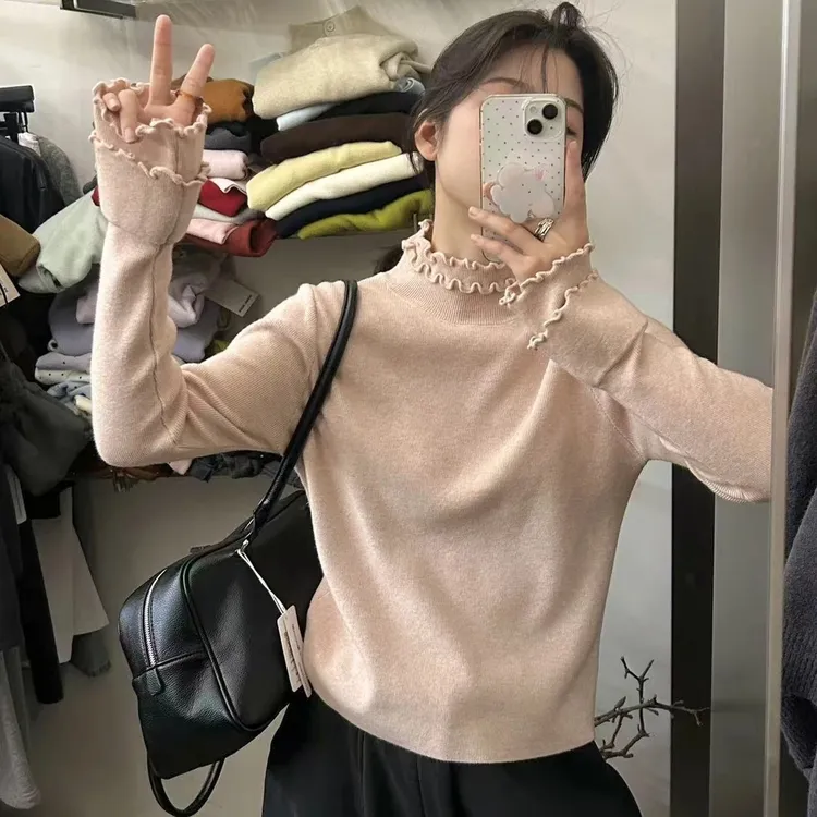 厚实保暖修身针织衫女装双层木耳花边小立领显瘦打底衫女K1-63