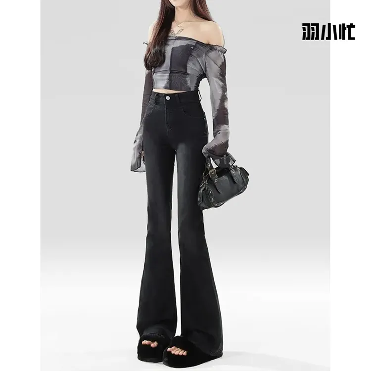 黑灰色高腰马蹄裤微喇牛仔裤女显瘦2025新款秋季修身拖地喇叭裤子