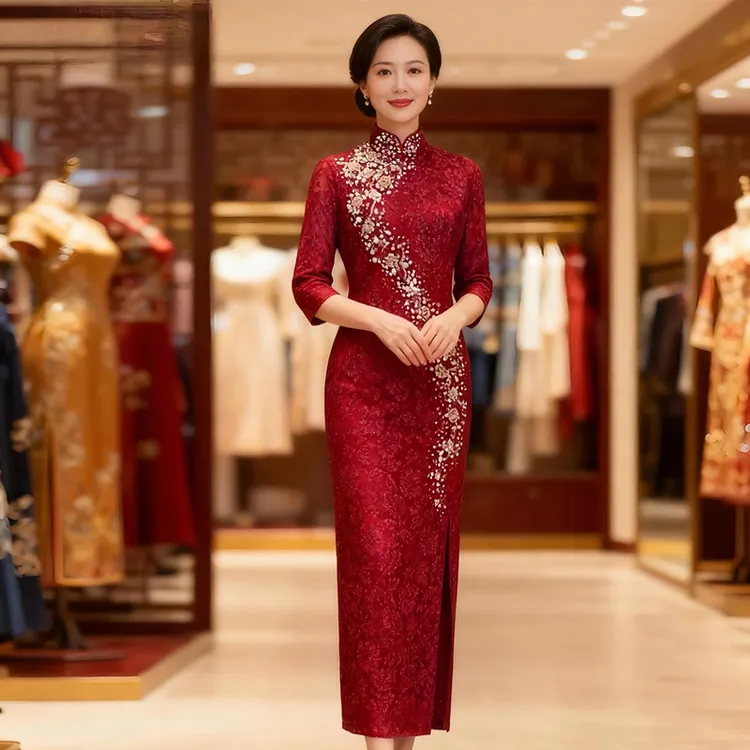 枣红色出阁宴喜妈妈敬酒服旗袍新款婚礼喜婆婆长款高端红色礼服裙