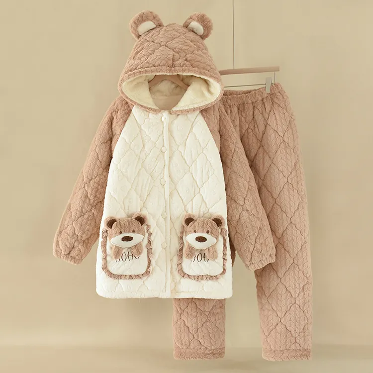 连帽三层夹棉睡衣法兰绒套装秋冬季可爱卡通珊瑚绒家居服