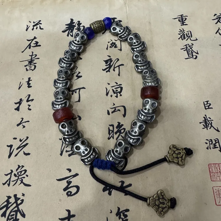 纯铜手链 白利玛铜做旧骷髅头手链编织