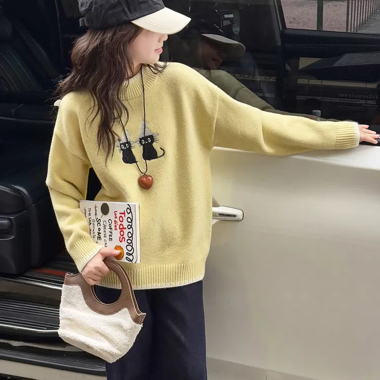 女童毛衣高支高密韩系卡通洋气中大童冬季加厚套头针织衫柔软舒适