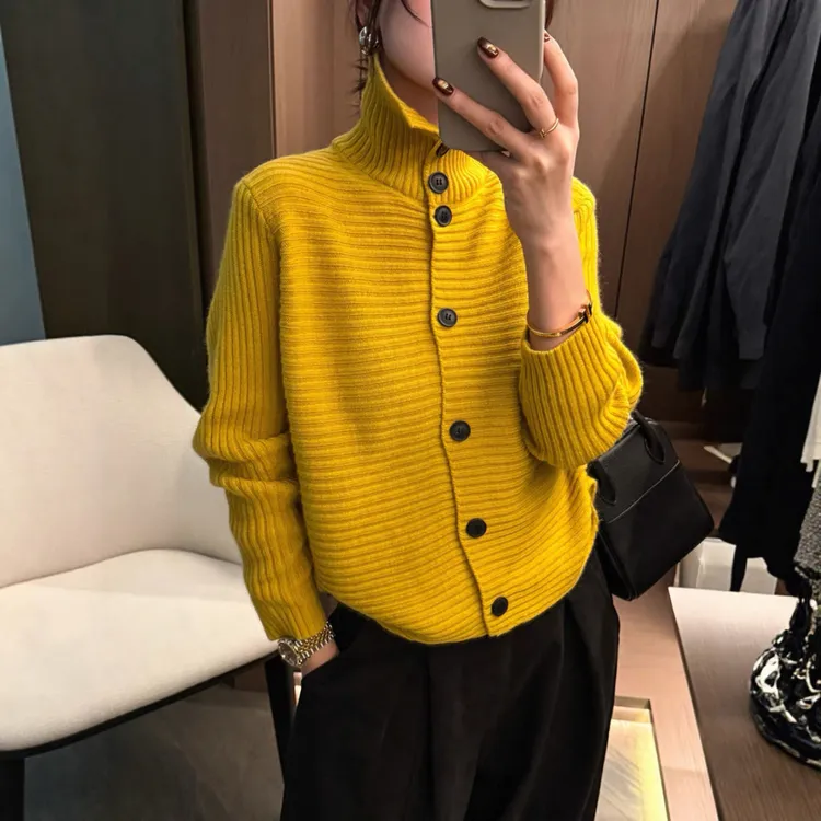 千-复古坑条高领针织开衫女欧洲站冬装新款女装打底衫潮毛衣外套