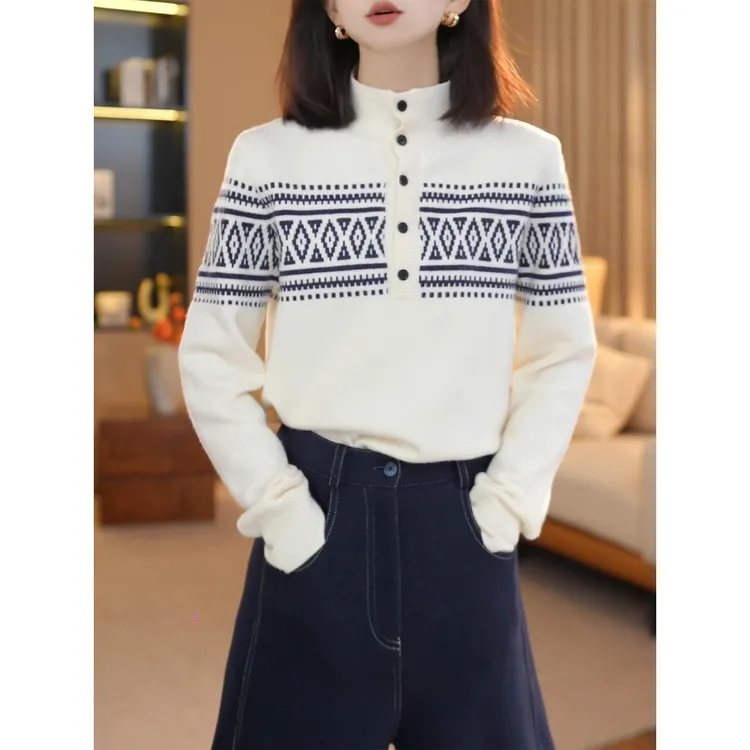 费尔岛风几何提花半拉链针织衫女士秋冬新款加厚长袖气质百搭毛衣