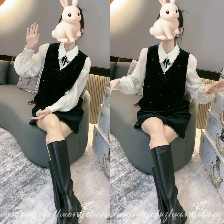 高端洋气名媛风法式精致设计冬季网红新款显气质瘦女小衫+马甲裙