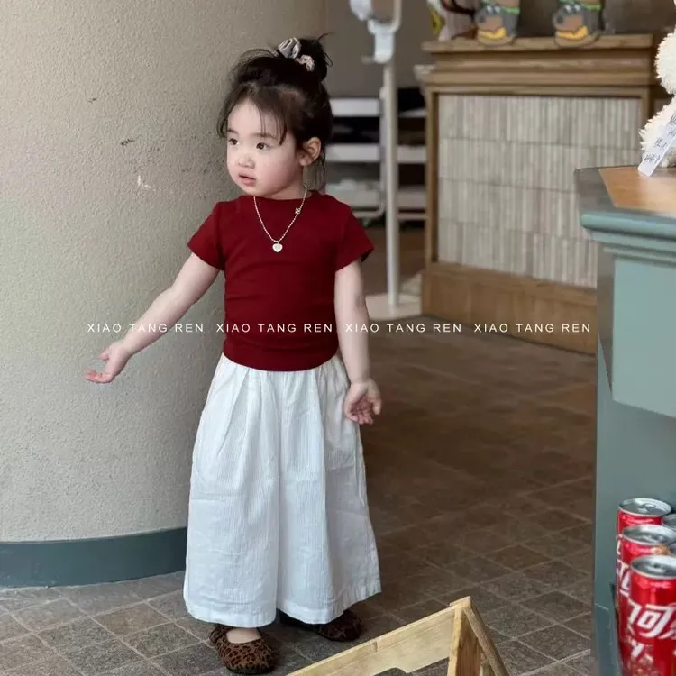 韩国童装女童短袖T恤套装夏季女宝宝洋气时尚红色上衣休闲阔腿裤