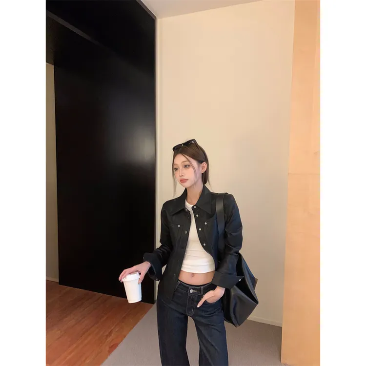 韩版御姐风polo领百搭开衫长袖外套女气质休闲高级感正肩皮衣上衣