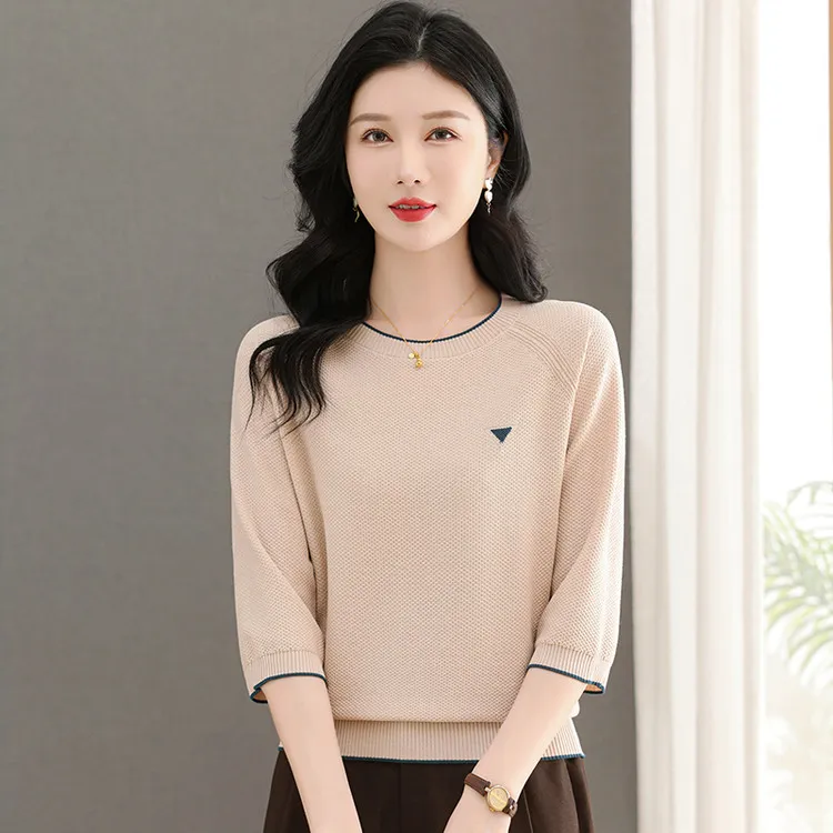 春秋薄款针织衫女宽松打底小衫女款中袖上衣女针织衫打底衫七分袖