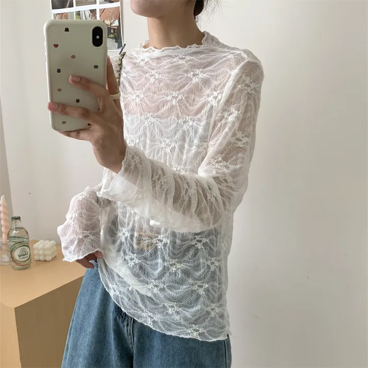 2025秋季新款半高领蕾丝网纱立领打底上衣女长袖内搭蕾丝衫