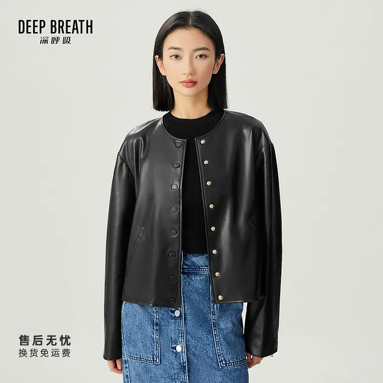 DEEP BREATH深呼吸女装新款时尚纯色长袖单排扣多扣PU皮衣A401082